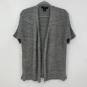 Tahari Sweater Cardigan Size S Gray Knitted Open Front Short Sleeve Ribbed Trim